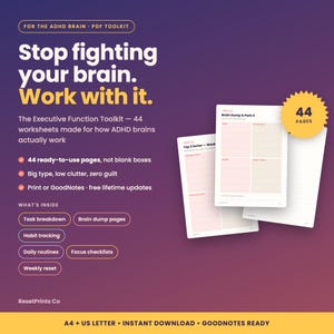 Peut inclure: Un kit d'outils PDF numérique pour les cerveaux TDAH comprenant 44 feuilles de travail. Le texte indique : Stop fighting your brain. Work with it. The Executive Function Toolkit. Inclut le suivi des habitudes et des listes de contrôle.