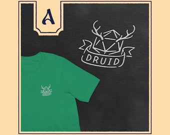 Minimalist Druid DnD shirt, subtle dnd embroidered t-shirt with druid logo and d20 antlers design