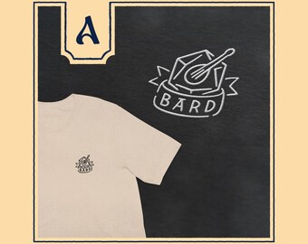 Minimalist Bard DnD shirt, subtle dnd embroidered t-shirt with bard lute logo and d20 design