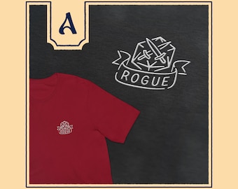 Minimalist Rogue DnD shirt, subtle dnd embroidered t-shirt with rogue d20 design