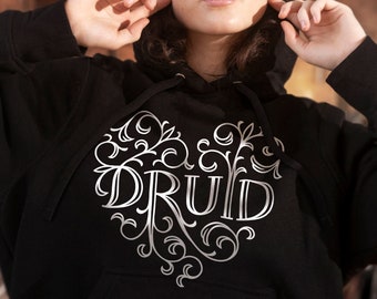 Druid hoodie DnD, adf druid clothing with hood, heart shaped folklore nature design cottage core outfit for women and men
