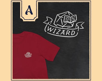 Minimalist Wizard DnD shirt, subtle dnd embroidered t-shirt with wizard book and d20 design