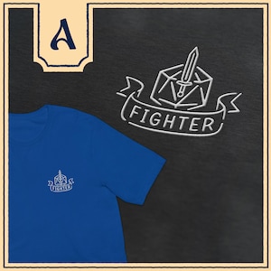 Minimalistisches Kämpfer DnD Shirt, dezentes dnd besticktes T-Shirt mit Kämpferschwert und d20 Design