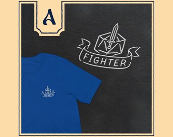 Minimalist Fighter DnD shirt, subtle dnd embroidered t-shirt with fighter sword and d20 design