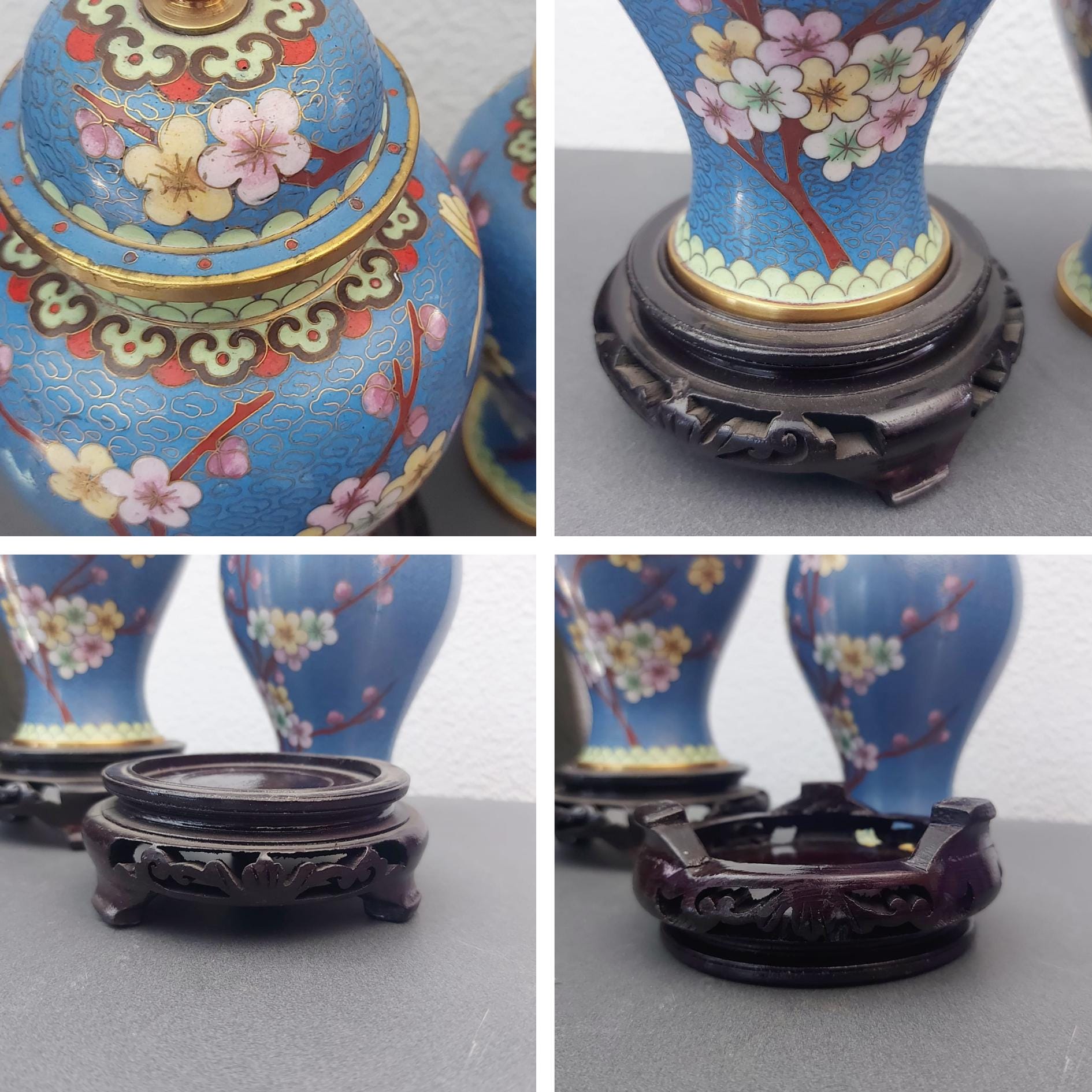 七宝焼きの中国製大型蓋付き花瓶（木製の台座付き）のペア。 - Etsy 日本