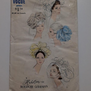 May include: A Vogue sewing pattern envelope for headwear by Halston of Bergdorf Goodman. The front features illustrations of five different floral-inspired headpieces in white, blue, and yellow, with text including Vogue pattern and one size.