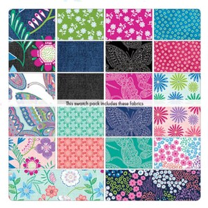 May include: A swatch pack of 18 different fabric designs featuring butterflies, flowers, and geometric patterns in various colors, including blue, green, pink, and white. The text "This swatch pack includes these fabrics" is printed on the image.