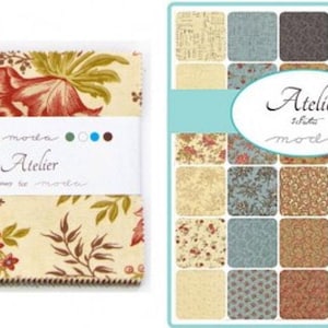 May include: Two stacks of fabric squares. One stack is wrapped with a white label that reads "Atelier" and features floral patterns in red, green, and cream. The other stack is a grid of fabric squares with various floral and patterned designs in muted colors.