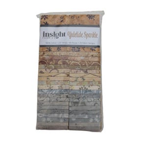 May include: A package of 40 fabric strips in various shades of brown, beige, and gray with a white background. The fabric strips have a variety of patterns, including snowflakes, swirls, and floral designs. The package is labeled "insight fabrics Yuletide Sparkle 100% Cotton - 2.5" Strips - 40 Pieces - 20 Fabric Designs".