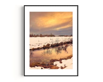 Winter poster, sunset photography, digital art print landscape, wall decoration
