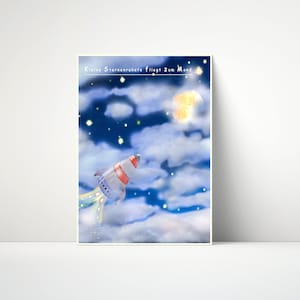 Poster "Der Mondflug" - Kinderkunst Druck, Weltall-Kinderzimmerdeko, Geschenk Jungen, Wanddeko Kleinkindzimmer