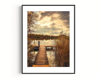 Lake landscape photography, poster jetty reeds, digital download