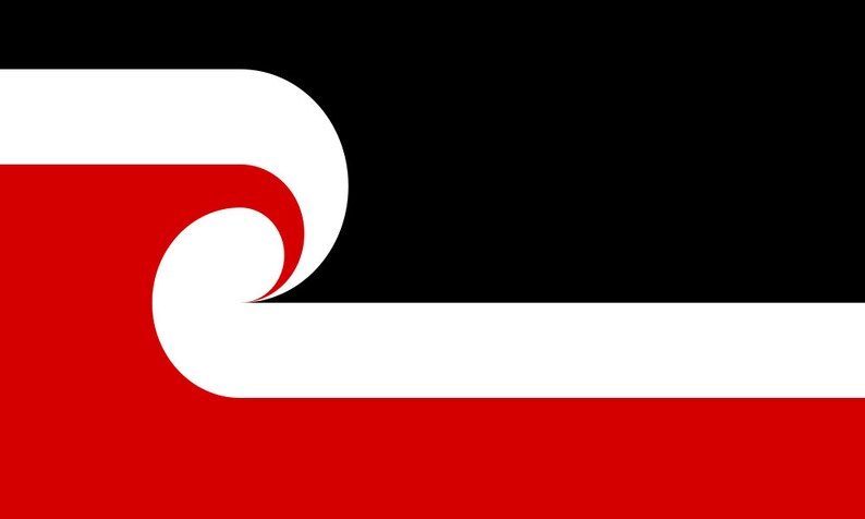 May include: A flag with a black background, a white stripe, and a red stripe. A white wave with a red interior is in the upper left corner.