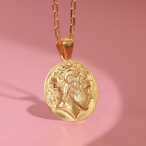 Ancient Alexander the Great coin necklace in gold plated or oxidized silver for women, Elegant Greek coin pendant for girlfriend gift idea