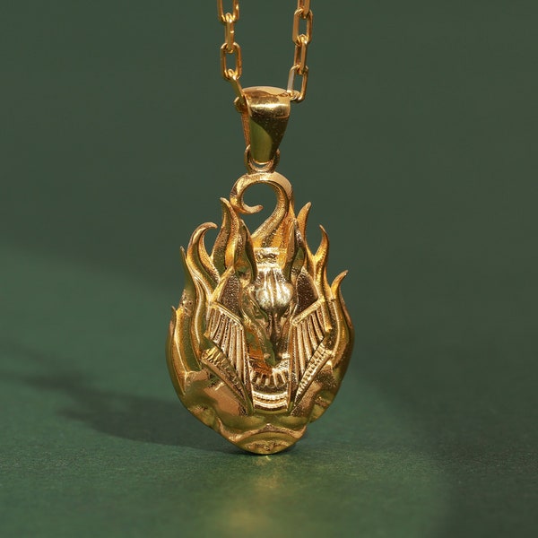 Mythological God of death Anubis necklace for girlfriend, Ancient Egyptian jewelry for wife gift in 10K or 14K gold, Gothic necklace for her