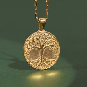 Mythologic Tree of Life necklace in 14K gold for family, Yggdrasil necklace for luck, Coin pendant necklace for mom birthday gift in 925