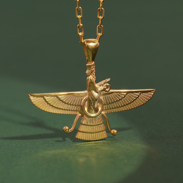 Minimalist Faravahar necklace for girlfriend in silver, 14K gold Persian occult pendant for women, Ahura Mazda for good luck jewelry