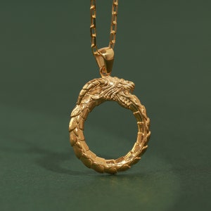 Ouroboros Dragon necklace in 10K or 14K gold for women, Ancient symbol pendant with ouroboros for best friend, Occult necklace for wife