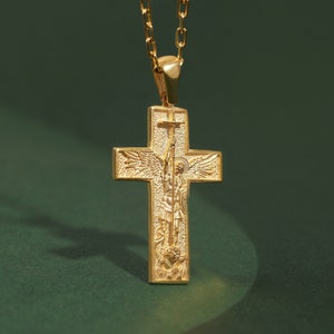 Saint Michael the Archangel in cross medallion necklace for her, Archangel Michael necklace in 14K gold, Christian necklace in 925 silver
