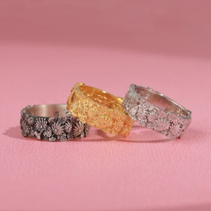 Floral wedding band ring in gold plated or silver for nature lover gift, Gothic engagement ring in 14K, Unique gold promise ring for her