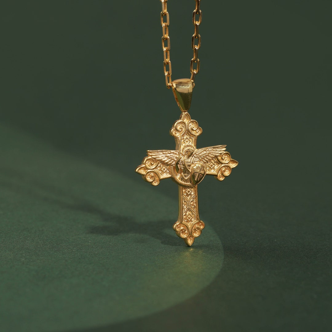 10k Gold St. Gabriel Archangel Medal Pendant With Diamonds - Pray For Us Prayer Necklace