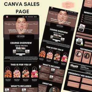 Szablon strony sprzedaży Canva, strona sprzedaży kursu, szablon witryny Canva, projekt strony sprzedaży DIY, edytowalny Canva, szablon witryny strony sprzedaży