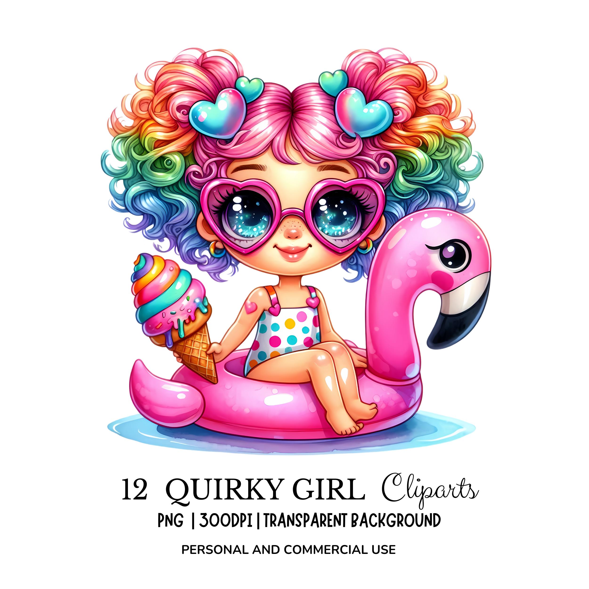 Summer Girl Clipart Bundle: Flamingo Float, Watercolor PNG (commercial ...