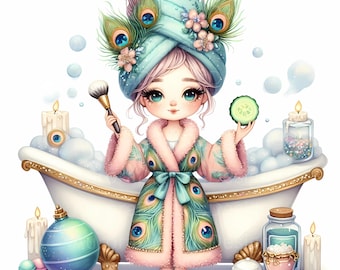 Spa Day Girl Gnome Clipart: Watercolor Peacock Robe (JPEG Files)