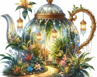 Crystal Teapot Greenhouse Clipart, 10 JPEG Cottagecore Garden Graphics, Whimsical Teapot Art for Sublimation, High-Res Digital Clipart