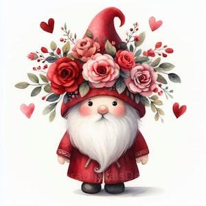 Valentines Gnome Clipart, Floral Gnome Clipart, Spring Gnome, Set of 13 High-Resolution JPEG,  Watercolor Gnome Art, Cute Gnome Clipart