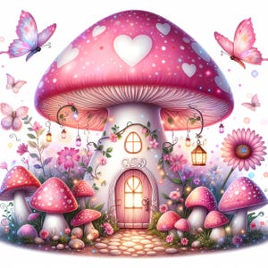 Mushroom Fairy House Clipart: Pink Cottage Graphics (12 JPEGs, 4096x4096px)
