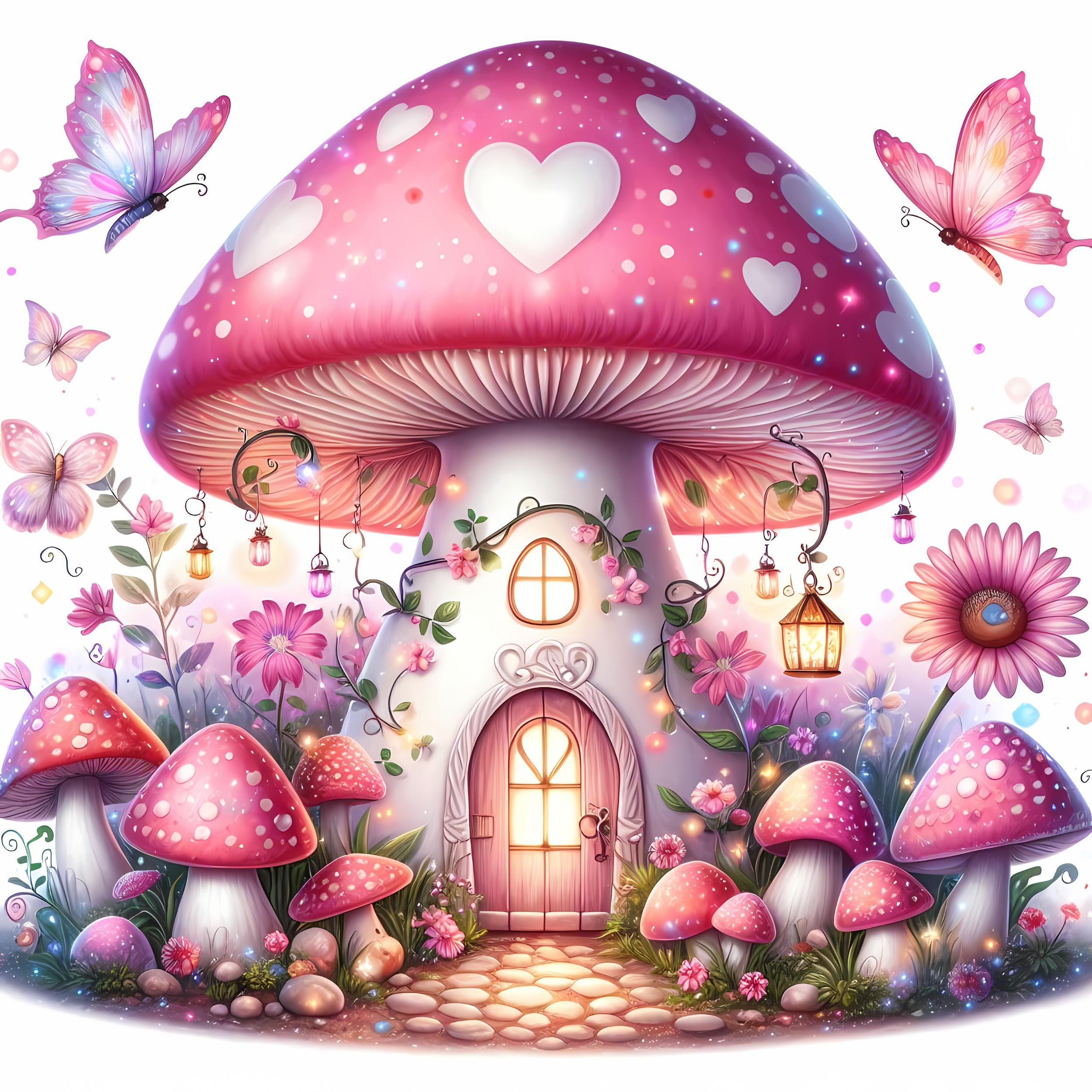 Mushroom Pink Fairy House Clipart, 12 JPEG Whimsical Cottage Graphics, Magical Fairy Home Art for Sublimation, High-Res Clipart Set