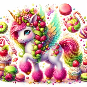 Watercolor Macaron Unicorn Clipart: Pastel Dessert Art, JPEG Files (Digital Download, 300 DPI)