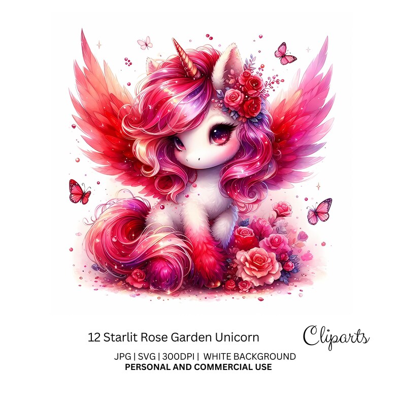 Watercolor Unicorn Clipart: Starlit Rose Garden Fantasy (JPEG Digital ...