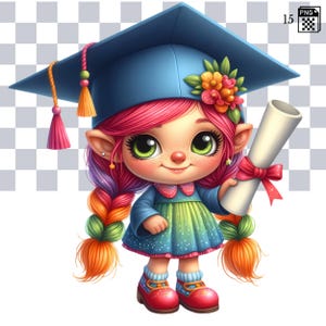 Afstudeerkabouter PNG-bundel, schattige kabouter PNG-clipartset met pet en diploma, 15 afstudeersublimatiebestanden voor T-shirts en cadeaus