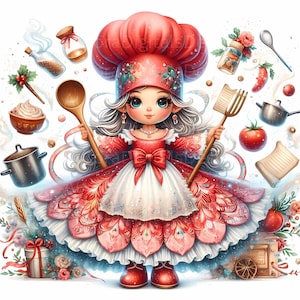 Chef Gnome Watercolor Clipart: Girl Baker PNG Art (11 JPEG Files)
