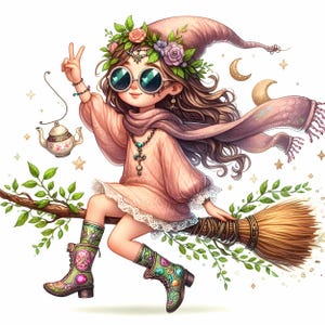 Watercolor Witchy Girl Clipart: Boho Broom Surfer Art (10 JPEG Files, 300 DPI)