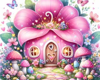 Cute Pink Fairy House Clipart, 12 JPEG Whimsical Cottage Graphics, Magical Fairy Home Art for Sublimation, High-Res Fantasy Clipart