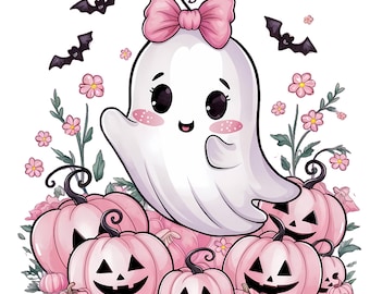 Halloween rosa PNG, fantasma espeluznante PNG, calabaza PNG, coqueta otoño PNG, diseño de coqueta otoño, diseño de fantasma de otoño, fantasma lindo PNG, coqueta de otoño