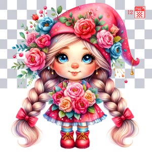 Flower Gnomes Clipart , Set of  12 High-Quality PNG Files, Spring Gnome Art, Floral Gnome PNGs, Commercial Use, Instant Download