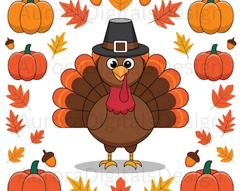 Pavo de Acción de Gracias (Png), Pavo (Png), Acción de Gracias (Png), Clipart de otoño con calabazas y hojas, Pavo con sombrero de peregrino de dibujos animados, Sublimación de otoño n.° 1