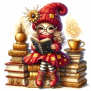 Book-Lover Gnome Clipart, Reading Gnome Art Set, 12 JPEG Files, 300 DPI, Digital Bookworm Gnome for Teachers, Libraries & Crafts