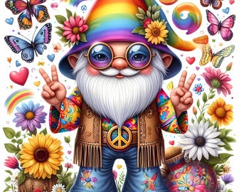 Boho Hippie Gnome Clipart: Retro Tie-Dye JPEGs (Digital Download, 4096x4096px )