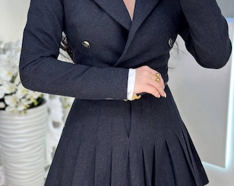 Black Skirt Suit: Double Breasted Crop Blazer, Pleated Mini Skirt