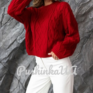 Red Wool Knitted Sweater for Women Chunky Knit Pullover Cozy Jumper Cable Knit Pullover Warm Sweater Wool Knitted Sweater Crew Neck Sweater