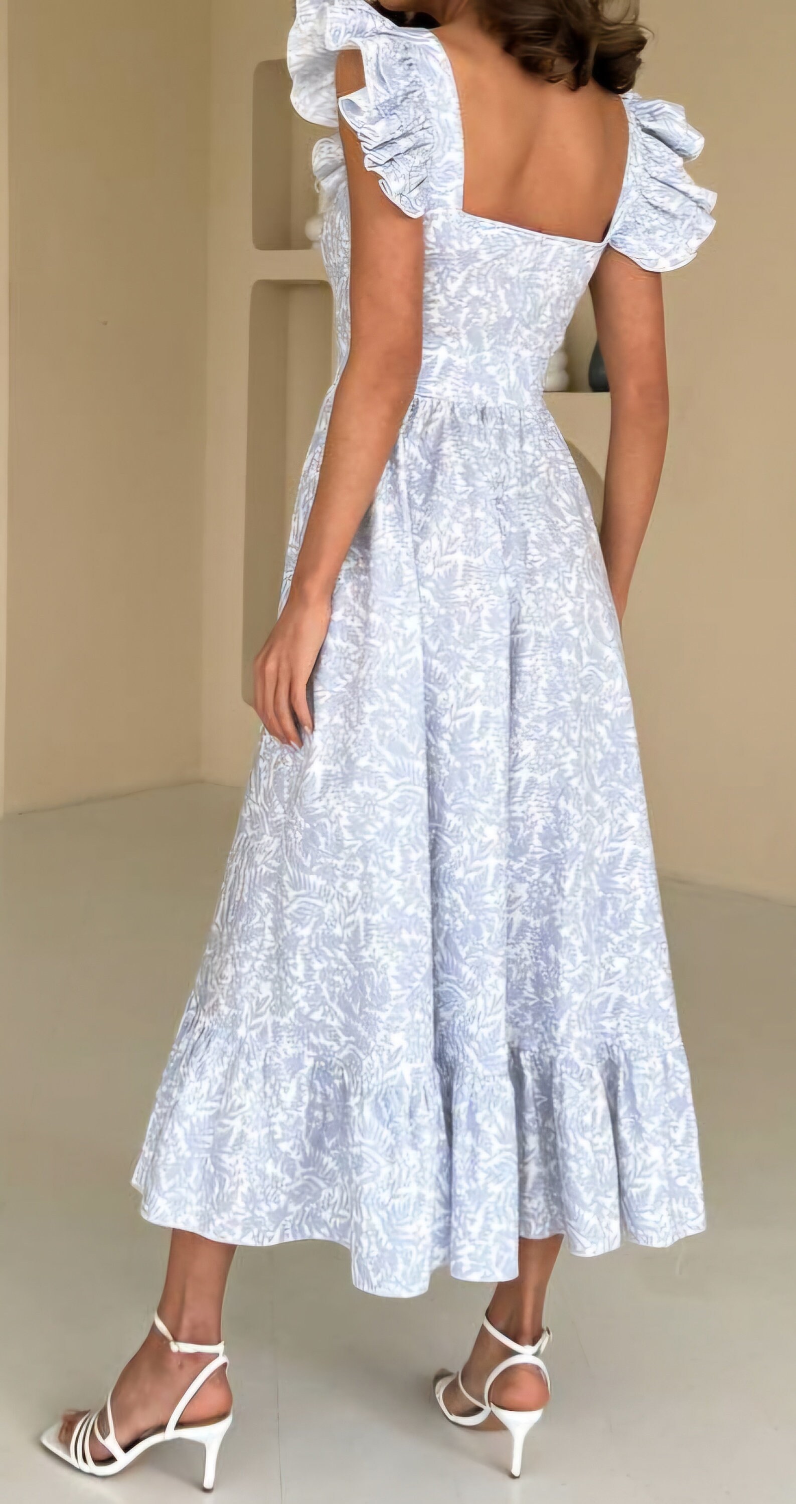 White Midi Dress Women Boho Lace Jacquard High Waist Sleeveless Ruffles Dress