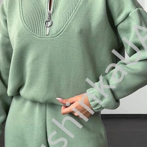 Olive Wool Knitted Suit for Women Warm Knitted Suit Cozy Suit Women&#39;s 2 Piece Set Oversized Sweater Jogger Pants Knitted Tracksuit Wool Suit