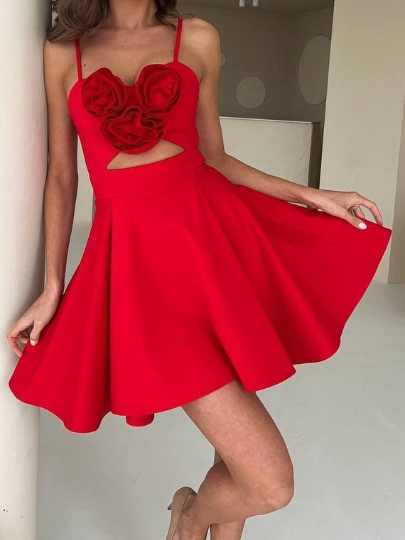Mini Dress Bachelorette Red Dress Red Mini Dress For Women Sleeveless Dress  Decorated Flowers Fitted