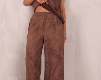 Tailleur-pantalon chocolat pour femme survêtement à trois fils ensemble 2 pièces haut sans manches pantalon large ensemble de vêtements de détente costume décontracté ensemble de pantalons de sport