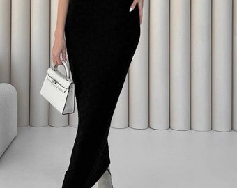 Black Knitted Dress for Women Cotton Maxi Dress Sleeveless Dress Modest Midi Dress Elegant Bodycon Dress Knitted Pattern Dress Trendy Dress